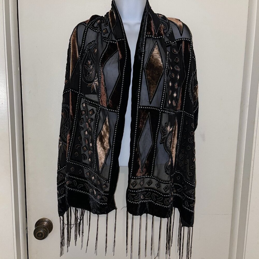 Black Burnout Velvet Scarf Paisley Geometric Fringe Wrap 63”x21”
